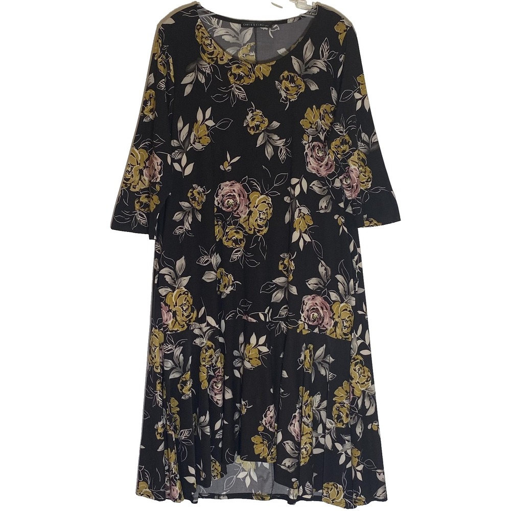 Chris & Carol Plus Dress Womens 2XL Black Floral 3/4 Sleeve Tiered Pockets
